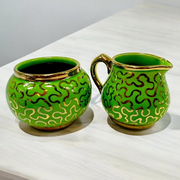 Vintage Sudlow Creamer and Sugar Tea Set Art Deco Green and Gold England - Picture 1 of 7